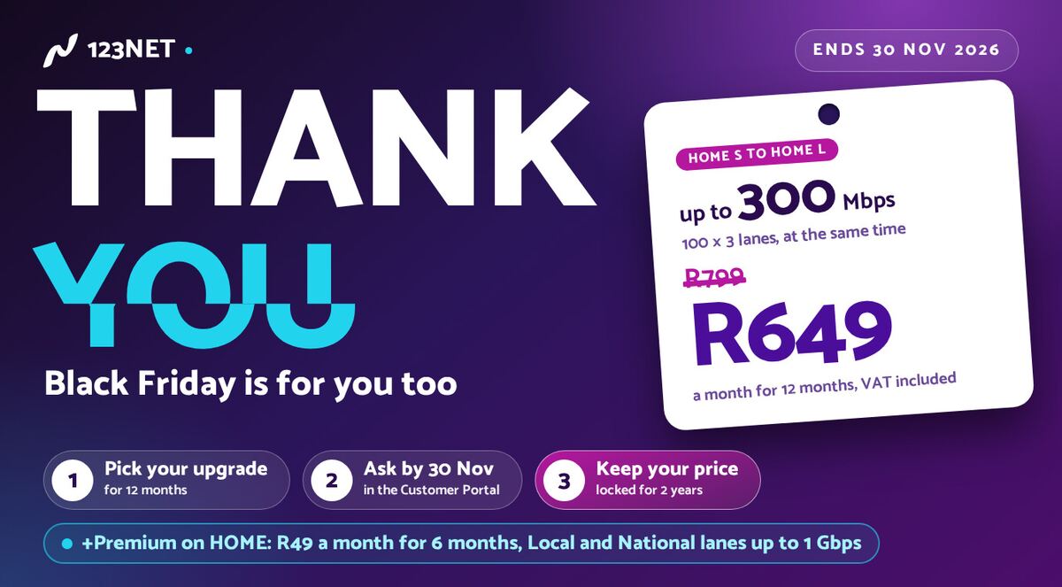 Black Friday 2026 poster on a deep purple background: thank you to existing customers. Upgrade from Home S to Home L, up to 300 Mbps, for R649 a month instead of R799 for 12 months, your price locked for 2 years. Ask by 30 November 2026.