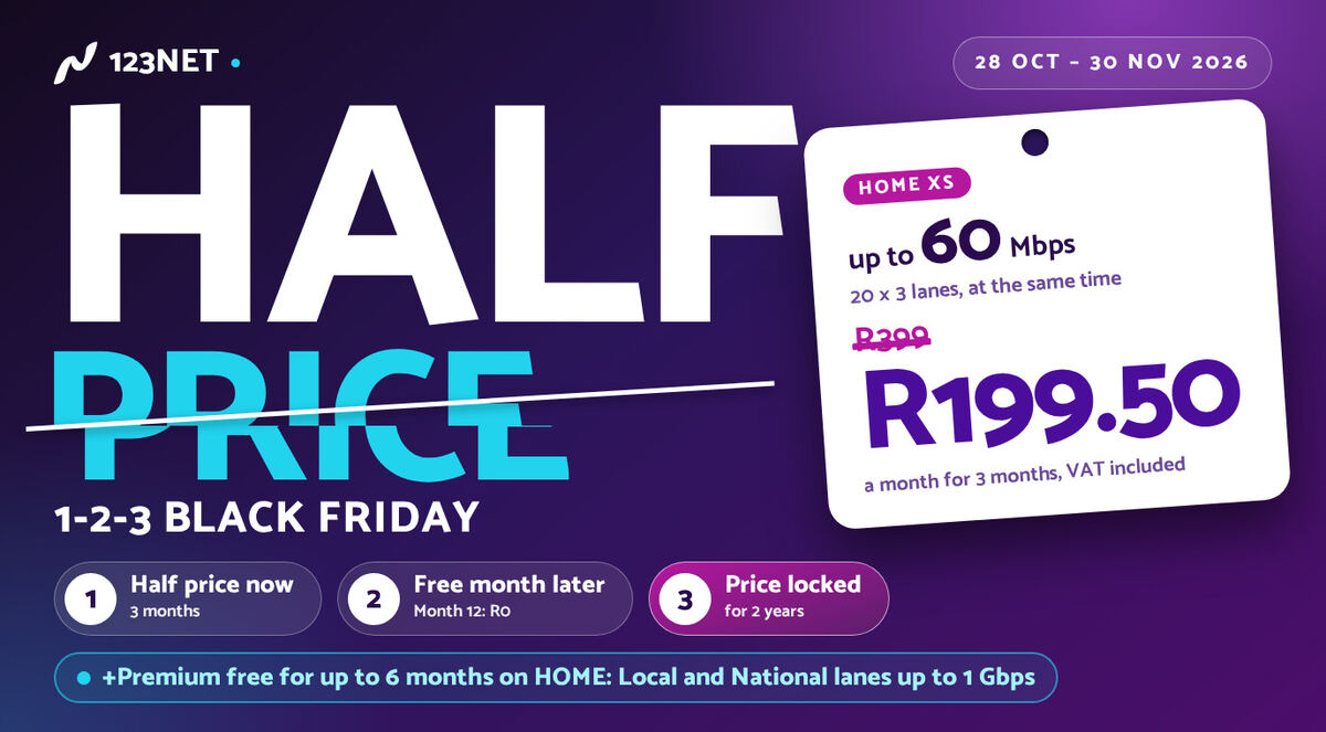 Black Friday 2026 poster on deep purple: half price for 3 months, Home XS up to 60 Mbps at R199.50 a month instead of R399, free month 12, price locked for 2 years. HOME plans get +Premium free for up to 6 months. 28 October to 30 November 2026.